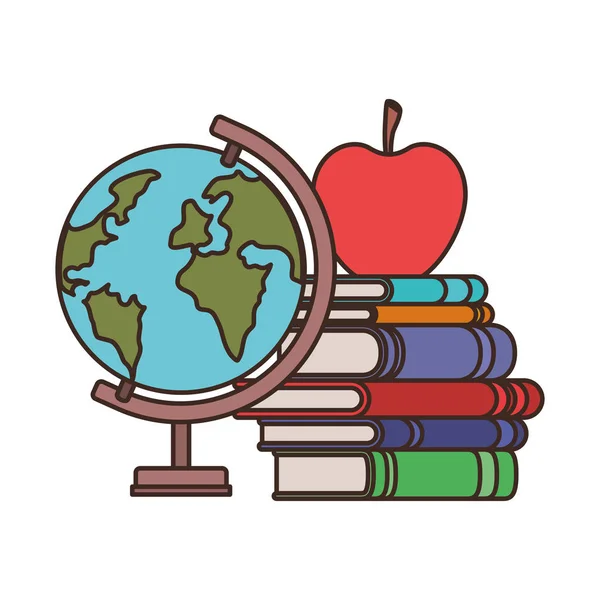 Globo com livros e frutas de maçã no fundo branco — Vetor de Stock