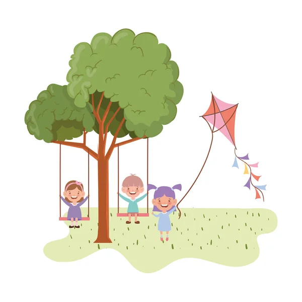 Group of baby in swing smiling in landscape — Stock Vector