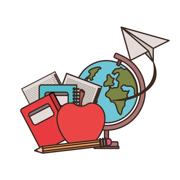 Globen med böcker och äppel frukter på vit bakgrund — Stock vektor