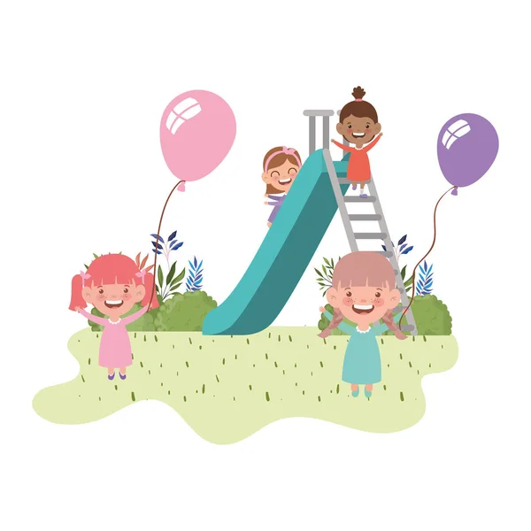 Casal bebê no parque de jogo com slide e balão de hélio — Vetor de Stock