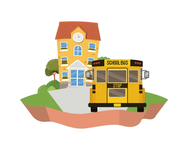 Edificio escolar de primaria con autobús en el paisaje — Vector de stock