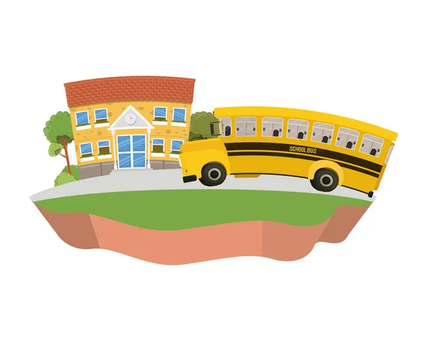 Edificio escolar de primaria con autobús en el paisaje — Vector de stock