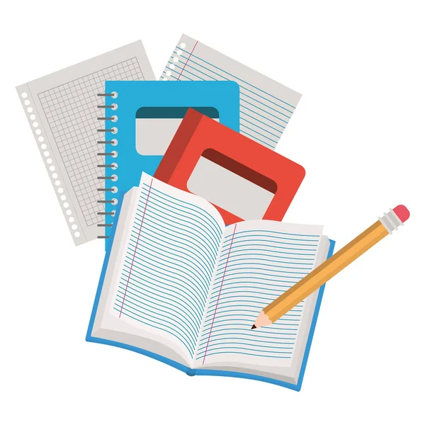 Livros de escola aberta com lápis sobre fundo branco — Vetor de Stock