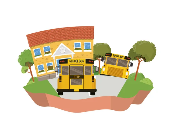 Edifício escolar de primário com ônibus na paisagem — Vetor de Stock