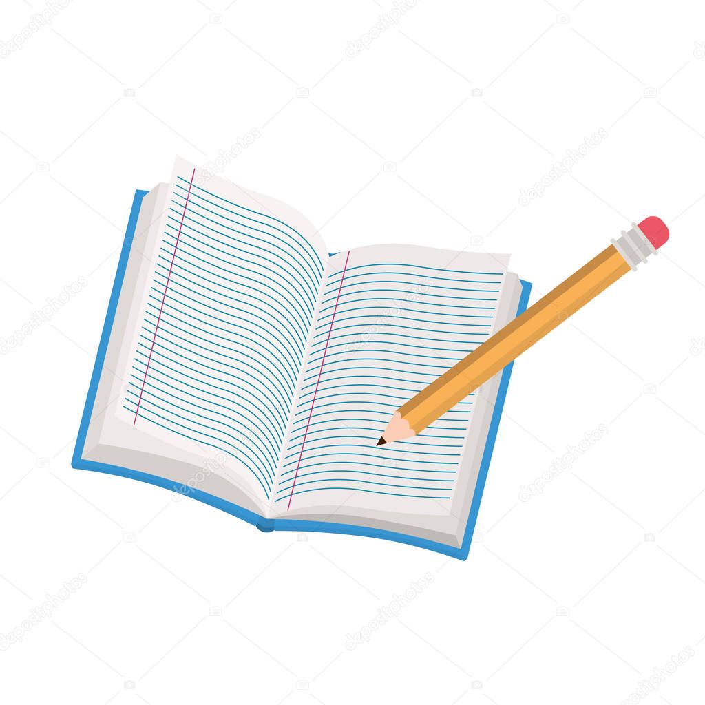 book of school open with pencil on white background