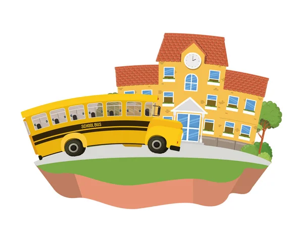 Edificio escolar de primaria con autobús en el paisaje — Vector de stock