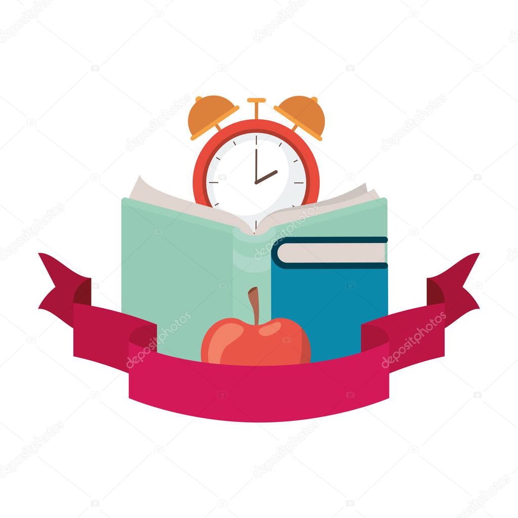 book of school with alarm clock and ribbon