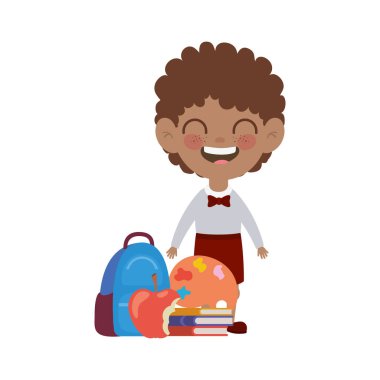 beyaz arka plan üzerinde okul malzemeleri ile öğrenci çocuk