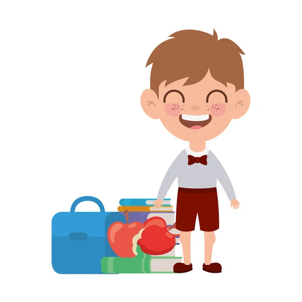 Student boy with school supplies on white background — Stock Vector