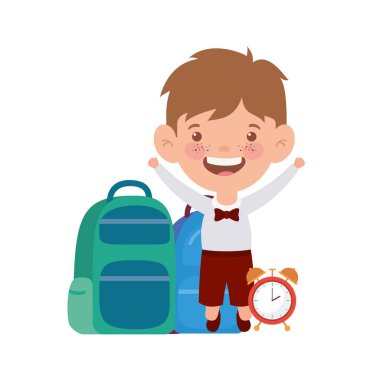 beyaz arka plan üzerinde okul malzemeleri ile öğrenci çocuk