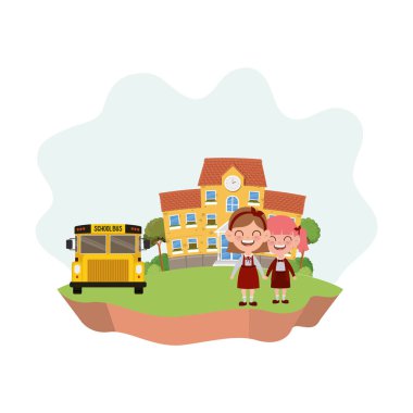 okul binası ve otobüs ile öğrenci kız