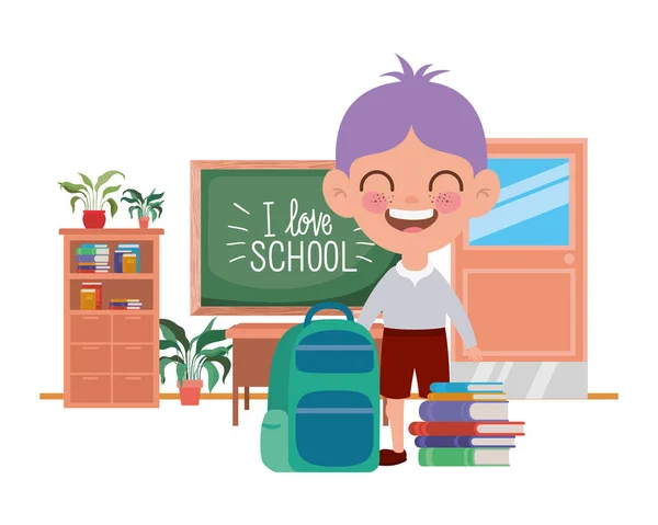 Estudante menino com material escolar em sala de aula —  Vetores de Stock
