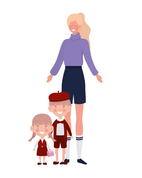 Mujer con hijos de vuelta a la escuela — Vector de stock