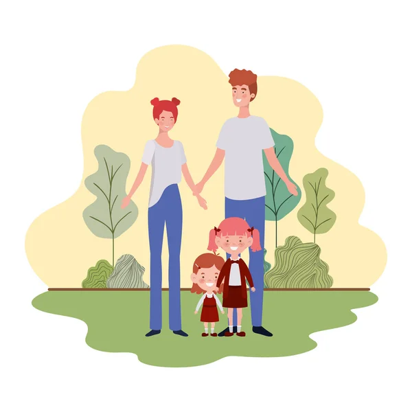 Couple of parents with children in landscape — Stock Vector