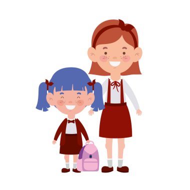 beyaz arka planda gülümseyerek duran öğrenci kızlar