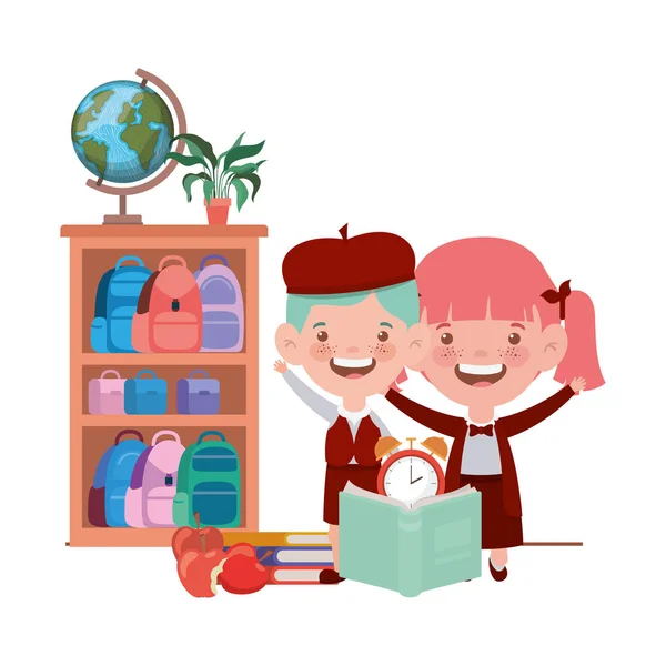 Schülerpaar mit Schulsachen im Klassenzimmer — Stockvektor