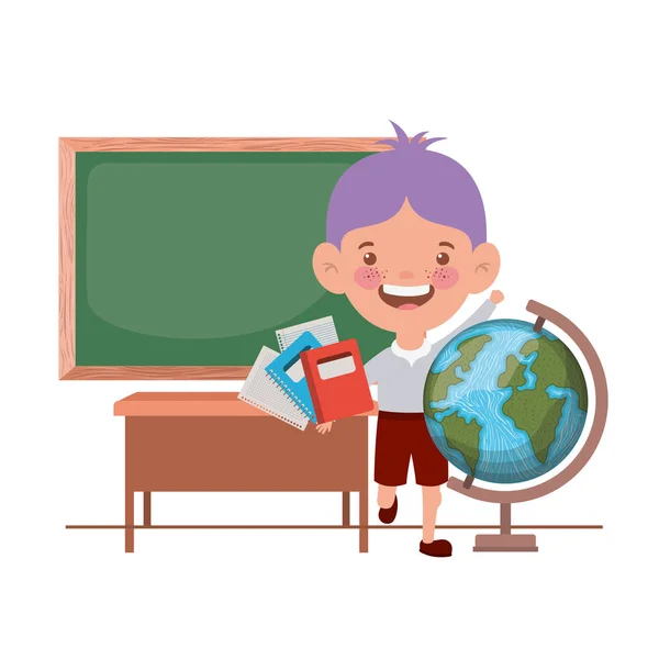 Студентський хлопчик зі шкільними приладдям у класі — стоковий вектор