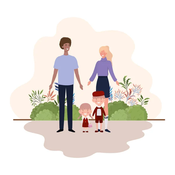 一对夫妇的父母与孩子在景观 — 图库矢量图片