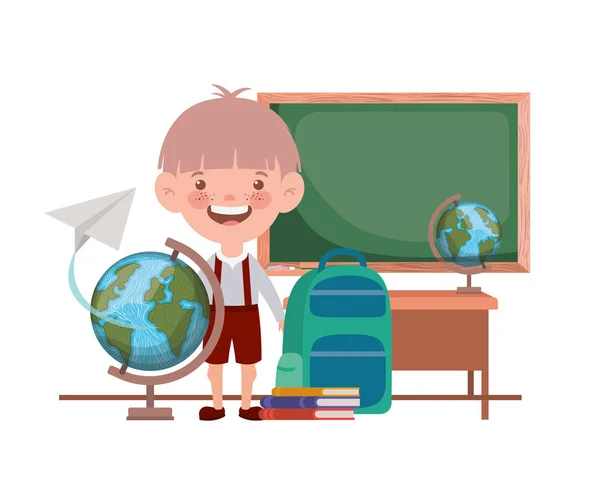 Estudante menino com material escolar em sala de aula — Vetor de Stock