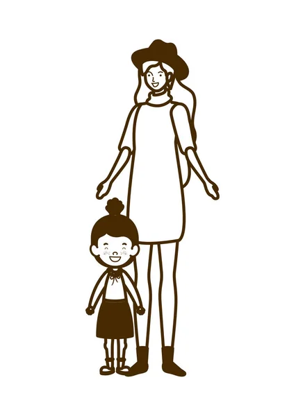 Silhouette einer Frau mit Tochter auf dem Schulweg — Stockvektor
