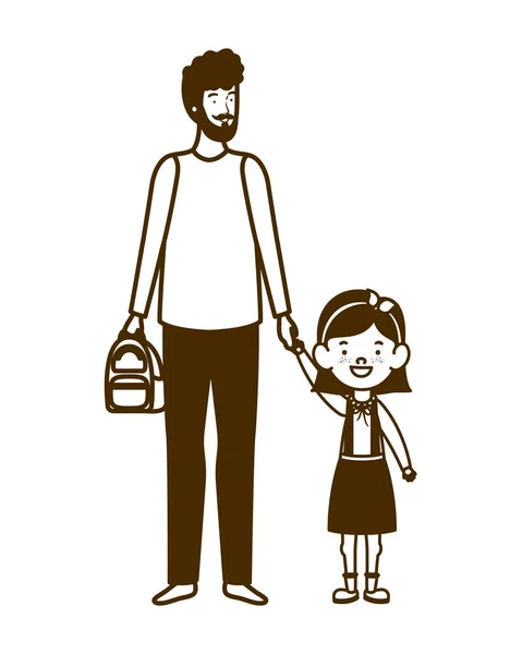 Silhouette di padre con figlia di nuovo a scuola — Vettoriale Stock