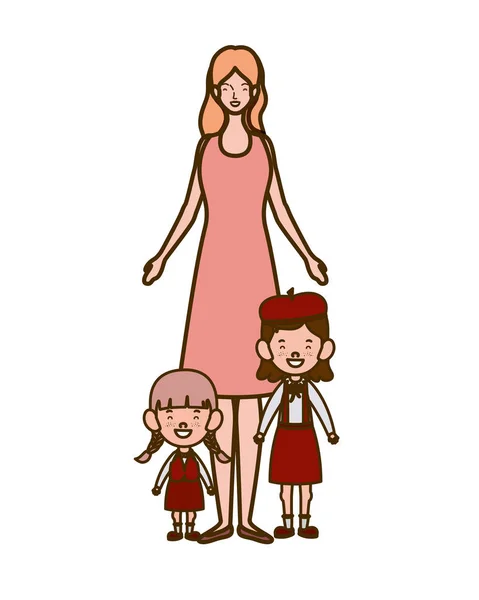 Женщина с детьми, возвращающимися в школу — стоковый вектор