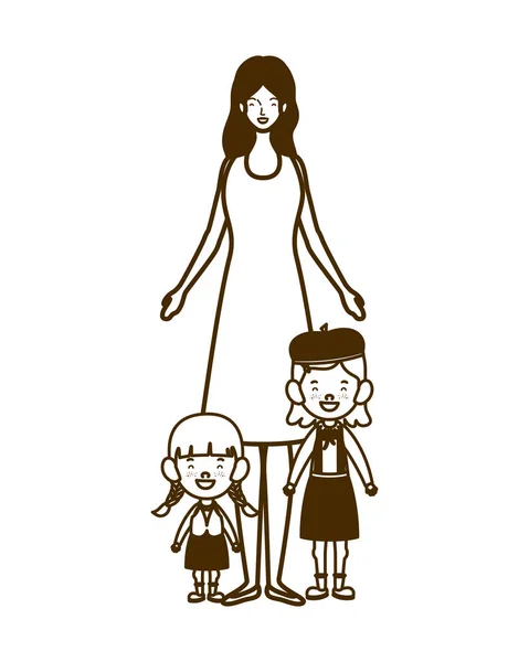 Silhueta de mulher com filhos de costas para a escola — Vetor de Stock