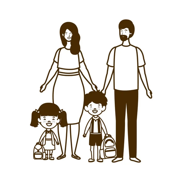 Silueta dvojice rodičů s dětmi — Stockový vektor
