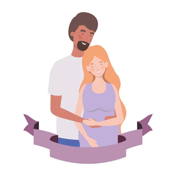 Femme enceinte avec mari avec ruban décoratif — Image vectorielle