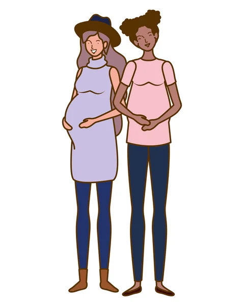 Schöne Frauen schwanger stehend auf weißem Hintergrund — Stockvektor