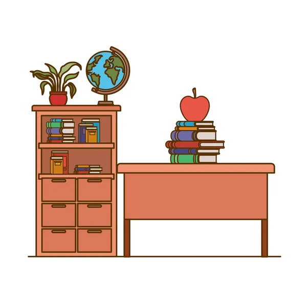 Kitaplık ve okul kitapları ile öğretmen masası — Stok Vektör