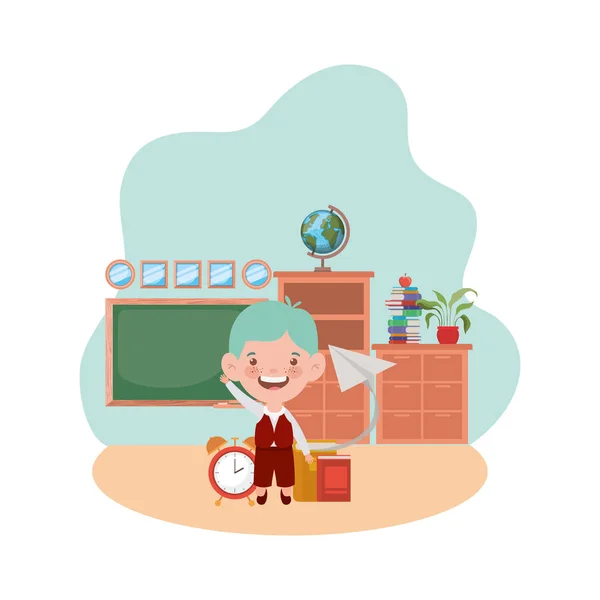 Студентський хлопчик зі шкільними приладдям у класі — стоковий вектор