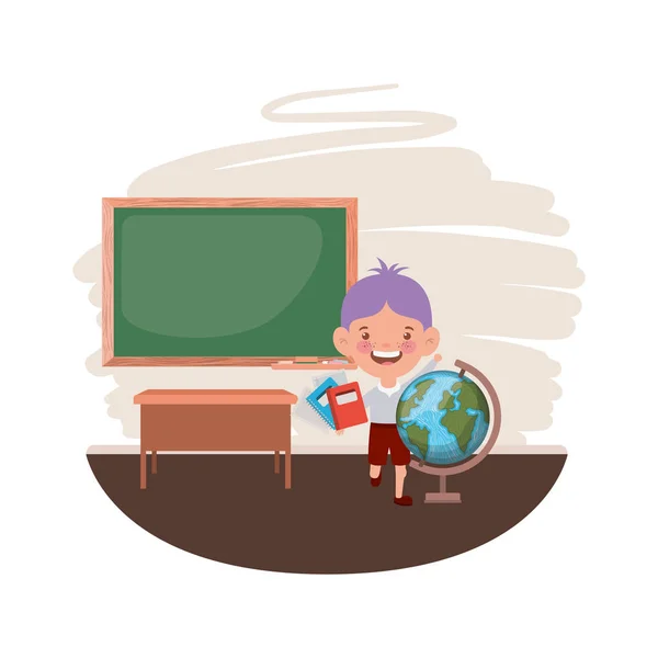 Estudante menino com material escolar em sala de aula — Vetor de Stock