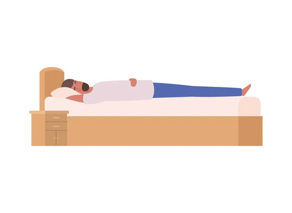 Mladý muž v posteli se spací pozicí — Stockový vektor