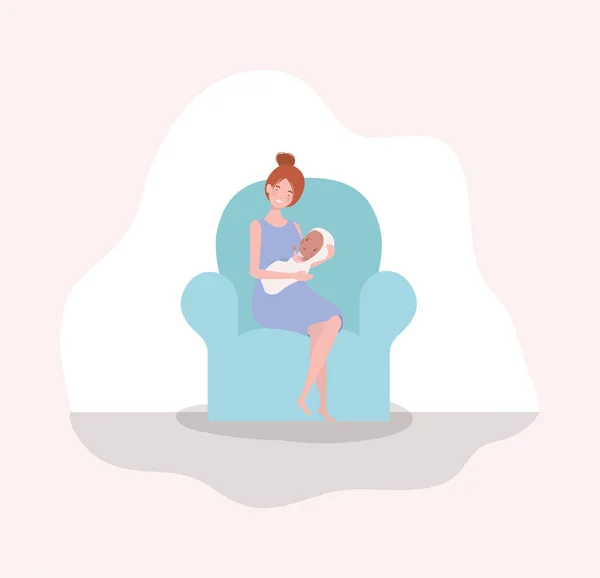 Χαριτωμένο μητέρα με το νεογέννητο μωρό στον καναπέ — Διανυσματικό Αρχείο
