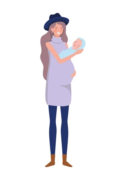 Woman standing with a newborn baby in her arms — Stock Vector