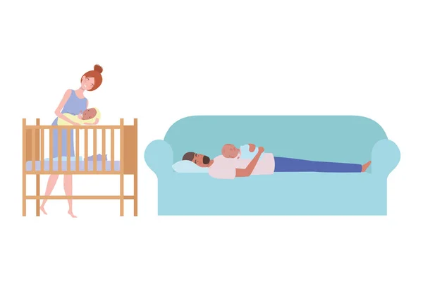 Jovem casal sentado no sofá com bebê recém-nascido —  Vetores de Stock
