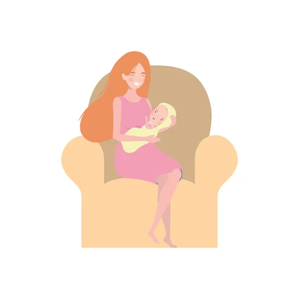 Woman sitting on sofa with a newborn baby in her arms — Stock Vector