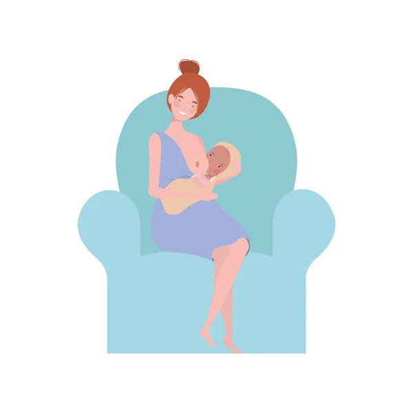 Vrouw zittend op de Bank met een pasgeboren baby in haar armen — Stockvector