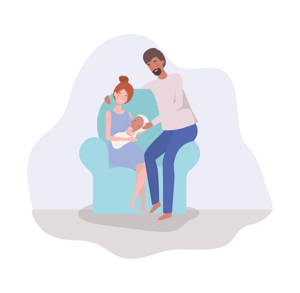 Γονείς που φροντίζουν το νεογέννητο μωρό στον καναπέ — Διανυσματικό Αρχείο