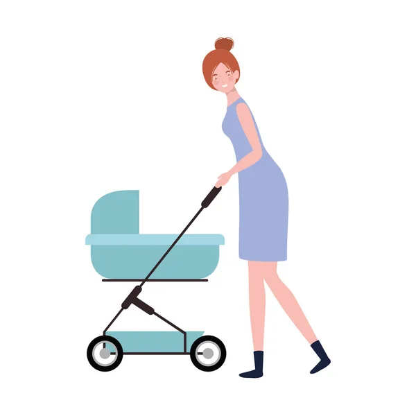 Woman standing with a newborn baby in pram — Stock Vector