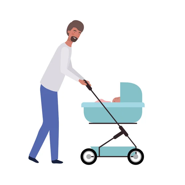 Giovane in piedi con il neonato nella carrozzina — Vettoriale Stock