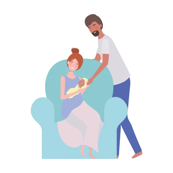 Femme et homme avec bébé nouveau-né assis sur le canapé — Image vectorielle