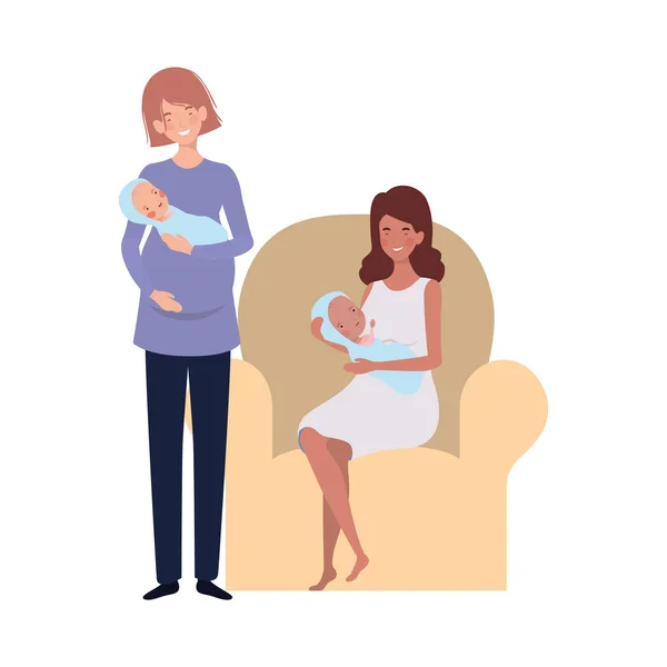 Femmes assises sur le canapé avec un nouveau-né dans les bras — Image vectorielle