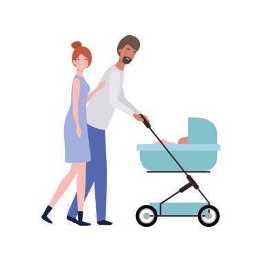 bebek arabasında yeni doğmuş bir bebekle ayakta duran genç çift