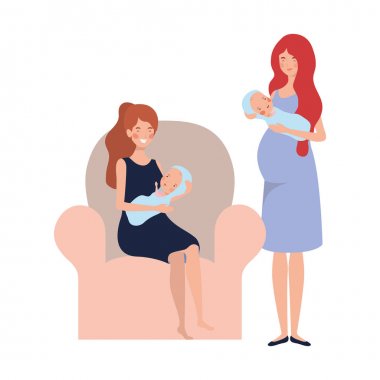 kollarında yeni doğmuş bir bebek ile kanepede oturan kadınlar