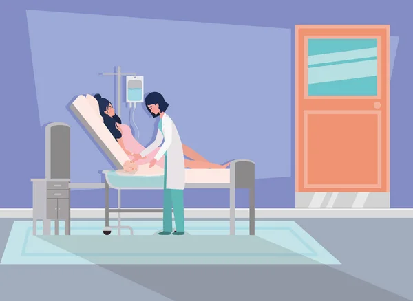 病院の部屋で新生児と医者とかわいい母親 — ストックベクタ