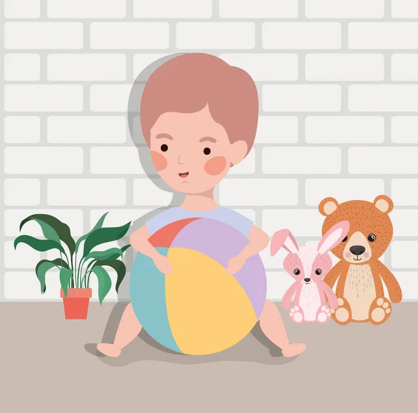 Niño pequeño con globo de plástico y juguetes de peluche — Vector de stock