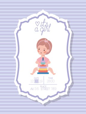 Bu küçük çocuk ve yüzük kazık oyuncak ile bir kız bebek duş kartı