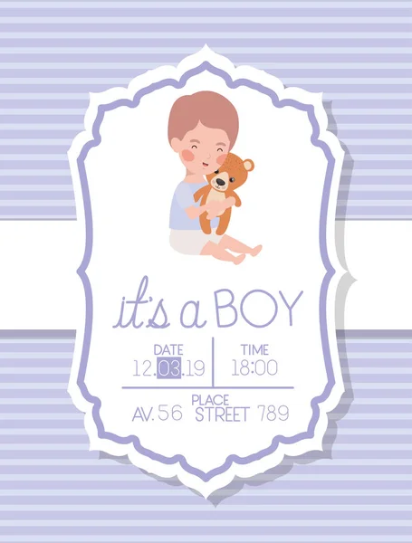 Seu um menino bebê chuveiro cartão com criança e urso de pelúcia — Vetor de Stock